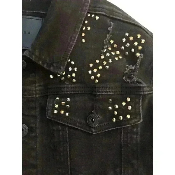 Kloud9 Unisex Medium Black Denim Jacket Destroyed Logo Heartbreaker Embellished - Picture 6 of 11